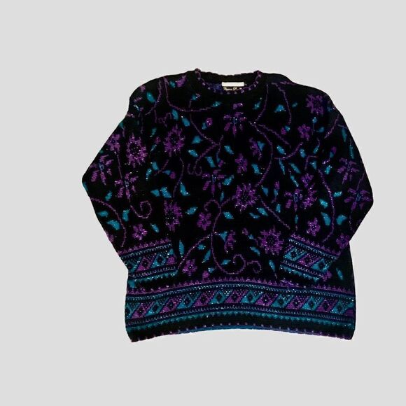 Dana Scott Sweaters - Dana Scott Vintage Black & Purple Sparkle Chunky Knit Sweater Size Medium